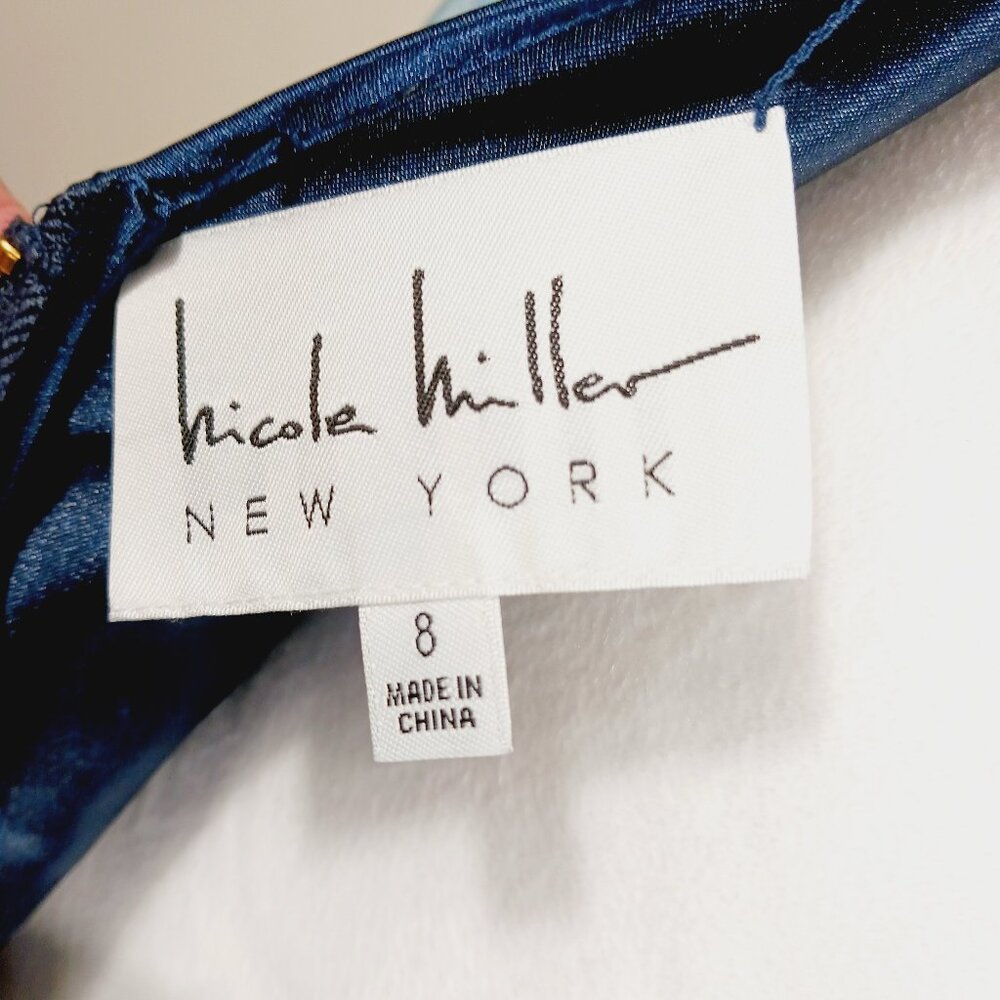 Nicole Miller Reversible Satin Dress SZ 8, Floral and Navy, Full Length Back Zip - Picture 2 of 16